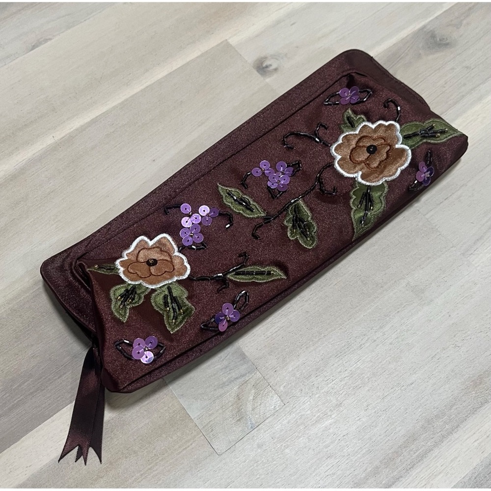Vintage Avon Evening Handbag Brown Beaded Floral Green Clutch Bag Purse Pouch